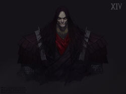  1boy absurdres armor artist_name artstation_logo artstation_username black_armor chainmail closed_mouth commentary death_guard english_commentary grey_trim highres instagram_logo instagram_username long_hair mortarion pale_skin patreon_logo patreon_username pauldrons potoq power_armor primarch red_eyes roman_numeral shoulder_armor simple_background solo warhammer_40k 