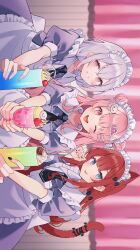  3girls ;d absurdres amai_melo animal-themed_food animal_ears animal_print apron black_bow black_nails black_necktie bow braid cat_ears cat_girl cat_print cat_tail cherry collar commentary_request commission contrast_collar cup double_bun dress drinking_straw flat_chest food frilled_apron frills fruit glass grey_dress grey_eyes hair_between_eyes hair_bow hair_bun hair_ornament hair_ribbon hairclip heart heart-shaped_food highres holding holding_cup ice ice_cream indoors light_blush long_hair looking_at_viewer maid_headdress multiple_girls necktie one_eye_closed original outstretched_arm outstretched_arms paw_pose pink_eyes pink_hair puffy_short_sleeves puffy_sleeves red_hair ribbon short_necktie short_sleeves sideways smile strawberry tail tail_bow tail_ornament teeth tongue tongue_out upper_body upper_teeth_only waitress white_collar white_hair white_ribbon 