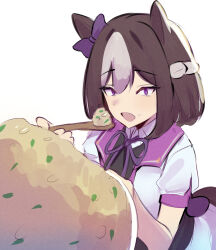  1girl animal_ears bow braid brown_hair ear_bow ear_ribbon eating food fried_rice glutton half_up_braid highres horse_ears horse_girl horse_tail iog626 multicolored_hair open_mouth purple_bow purple_shirt shirt short_hair short_sleeves skirt special_week_(special_dreamer)_(umamusume) special_week_(umamusume) tail two-tone_hair umamusume violet_eyes white_hair 