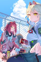  2girls absurdres alice_thymefield animal animal_ears backpack bag bag_charm belt black_pantyhose black_sailor_collar blue_sky boots braid braided_twintails brown_boots can cardigan cellphone cellphone_charm charm_(object) chest_bow closed_mouth clouds covering_own_mouth cumulonimbus_cloud drink drink_can fence food green_eyes green_skirt grin hair_ornament hearing_aid heterochromia highres incoming_gift kamanosuke_(zenless_zone_zero) leegh19769 long_hair looking_at_viewer multiple_girls outdoors pantyhose phone pink_cardigan pocky pov rabbit_ears rabbit_girl raccoon red_eyes red_hair sailor_collar school_uniform shirt sitting skirt sky smartphone smile soda_can sphere_hair_ornament striped_clothes striped_thighhighs tanuki thigh-highs thigh_strap twintails ukinami_yuzuha white_shirt yellow_eyes zenless_zone_zero 