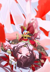  1girl absurdres bell black_sash brown_hair butterfly-shaped_pupils criss-cross_halter detached_sleeves dress fox_mask halterneck highres honkai:_star_rail honkai_(series) japanese_clothes kimono leg_up light_smile looking_at_viewer lying mark_under_both_eyes mask mask_on_head neck_bell o-ring on_back ooo00_cha parted_lips pink_eyes red_dress red_kimono red_nails red_sleeves sash solo sparkle_(honkai:_star_rail) symbol-shaped_pupils 