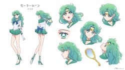  1girl aqua_choker aqua_eyes aqua_hair aqua_sailor_collar aqua_shoes aqua_skirt back_bow bishoujo_senshi_sailor_moon blue_bow blue_bowtie bow bowtie choker circlet commentary deep_aqua_mirror earrings elbow_gloves english_commentary full_body gloves hand_in_own_hair hand_mirror high_heels highres jewelry long_hair looking_at_viewer magical_girl mirror multiple_views open_mouth outer_senshi reference_sheet sailor_collar sailor_neptune sailor_senshi sailor_senshi_uniform shoes sidney_deng signature simple_background skirt upper_body white_background white_gloves 