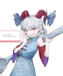 1girl blue_dress detached_sleeves dress earrings highres holding horn_ornament horn_ribbon horns jewelry meandros open_mouth pointy_ears red_eyes red_horns red_sleeves ribbon sharp_teeth sheep_horns short_hair solo takoyaki5221 teeth touhou toutetsu_yuuma white_hair 