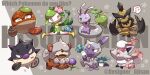  :d :o ;3 artist_name bag beamed_eighth_notes blush blush_stickers closed_eyes closed_mouth commentary designer_ojisan english_text eyelashes fangs fangs_out flower forehead_jewel green_eyes grey_background hand_up highres hisuian_growlithe hisuian_lilligant hisuian_qwilfish hisuian_sliggoo hisuian_sneasel hisuian_voltorb hisuian_zorua kleavor leaf looking_at_another looking_at_viewer musical_note no_humans one_eye_closed open_mouth pink_eyes pink_flower plant pokemon pokemon_(creature) pouch purple_flower red_eyes simple_background sitting smile snail_shell speech_bubble spoken_musical_note star_(symbol) tongue twitter_username white_background yellow_eyes 