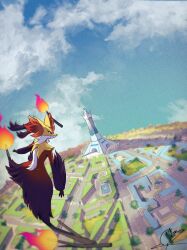  1other animal_ear_fluff animal_ears black_fur blue_sky broom broom_riding closed_mouth clouds day delphox everyday_365d fire floating flying fox_ears furry highres lumiose_city mega_delphox mega_pokemon multicolored_fur outdoors pokemon pokemon_(creature) pokemon_focus pokemon_legends:_z-a prism_tower red_eyes red_fur sky snout solo white_fur yellow_fur 