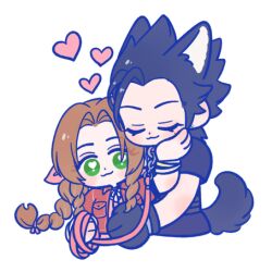  105zz 1boy 1girl :3 aerith_gainsborough animal_ears black_hair braid braided_ponytail brown_hair closed_eyes closed_mouth commentary_request couple crisis_core_final_fantasy_vii dog_boy dog_ears dog_tail dress final_fantasy final_fantasy_vii final_fantasy_vii_remake green_eyes hair_ribbon hand_on_another's_cheek hand_on_another's_face heart heart-shaped_pupils holding holding_leash jacket leash lowres parted_bangs pink_dress pink_ribbon ponytail red_jacket ribbon smile spiky_hair symbol-shaped_pupils tail white_background zack_fair 