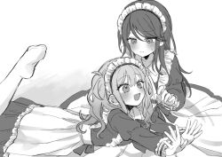  2girls :d apron blush commentary dot_nose dress frilled_apron frills greyscale highres hoshino_ichika_(project_sekai) long_dress long_hair looking_at_another maid maid_apron maid_headdress monochrome mu_ri003 multiple_girls outstretched_arms project_sekai simple_background smile socks sweatdrop tenma_saki twintails white_background 