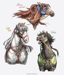  absurdres animal_focus bridle brown_hat closed_mouth daiwa_scarlet_(racehorse) daiwa_scarlet_(umamusume) gold_ship_(racehorse) hat highres horse horse_mask mada_fadaz mask no_humans open_mouth pillbox_hat real_life reins teeth tongue tongue_out umamusume vodka_(racehorse) 