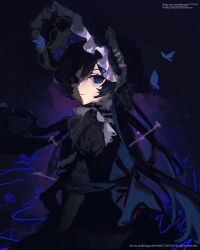  1girl absurdres ado_(utaite) artist_name asymmetrical_bangs black_bonnet black_dress black_hair blue_butterfly blue_eyes bonnet bug butterfly chando_(ado) closed_mouth collared_dress commentary_request copyright_notice cowboy_shot dated dress expressionless eyelashes frilled_dress frills hair_between_eyes hair_through_headwear high_collar highres juliet_sleeves light_frown long_dress long_hair long_sleeves looking_at_viewer pudding_(puddingpuddinh) puffy_sleeves purple_background signature solo standing utaite very_long_hair watermark 