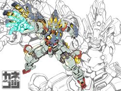  alternate_form aqua_eyes artist_name booster_rocket chest_jewel clenched_teeth energy_sword glowing glowing_hand gundam hilt holster joints kaneko_tsukasa mecha mobile_suit no_humans no_pupils robot robot_joints science_fiction shining_finger shining_gundam simple_background sword sword_hilt teeth thigh_holster toes v-fin vambraces weapon white_background zoom_layer 