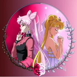  2girls back-to-back bare_arms bare_shoulders bishoujo_senshi_sailor_moon black_dress black_lady_(sailor_moon) black_moon_clan breasts chibi_usa closed_mouth crown dark_persona double_bun drachea_rannak dress earrings eyebrows_hidden_by_hair facial_mark forehead_mark hair_bun hand_up hands_up head_down jewelry long_dress long_hair long_sleeves medium_breasts mother_and_daughter multiple_girls neck neo_queen_serenity non-web_source off-shoulder_dress off_shoulder parted_bangs red_eyes smile strapless strapless_dress tsukino_usagi twintails very_long_hair white_dress 
