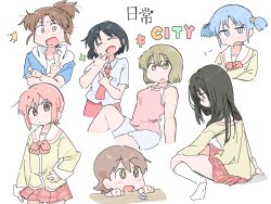  >_< +_+ 6+girls aioi_yuuko bare_shoulders black_eyes black_hair blonde_hair blue_eyes blue_hair blue_hoodie blush breasts brown_eyes brown_hair camisole city_(arawi_keiichi) collarbone collared_shirt copyright_logo cropped_arm cropped_legs cropped_torso crossed_arms dot_nose eraser from_side glasses green_eyes hand_on_own_hip highres hood hood_down hoodie izumi_wako jitome laughing logo long_hair looking_at_viewer medium_breasts minakami_mai multiple_girls naganohara_mio nagumo_midori necktie nichijou niikura_(city) open_mouth orange_eyes pink_camisole plaid_clothes plaid_skirt pleated_skirt ponytail puff_of_air red_eyes red_hair red_necktie red_skirt sailor_collar school_uniform semi-rimless_eyewear serafuku shirt short_hair short_sleeves short_twintails shorts sidelocks simple_background single_tear skirt socks spoken_sweatdrop sweatdrop table tachibana_misato twintails white_background white_sailor_collar white_shirt white_shorts white_socks wichimi yellow_serafuku 