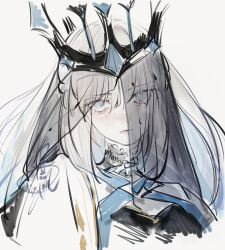  1girl blue_eyes crown fate/grand_order fate_(series) long_hair looking_at_viewer mizutame_tori morgan_le_fay_(fate) morgan_le_fay_(queen_of_winter)_(fate) side_ponytail simple_background solo spikes veil very_long_hair white_background white_hair 