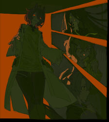  4girls agnes_tachyon_(tach-nology)_(umamusume) agnes_tachyon_(umamusume) animal_ears black_border border bow brown_hair clenched_hand coat collared_shirt crossed_bangs cup dantsu_flame_(umamusume) determined drinking expressionless feet_out_of_frame floating_hair greyscale hair_between_eyes hair_bow hand_on_own_chest happy highres holding holding_cup hood hood_down hoodie horse_ears horse_girl horse_tail jam_(umamusume) jungle_pocket_(champion's_battle_cry)_(umamusume) jungle_pocket_(umamusume) lab_coat lapels leggings long_hair long_hair_between_eyes long_sleeves looking_at_viewer manhattan_cafe_(creeping_black)_(umamusume) manhattan_cafe_(umamusume) monochrome mug multiple_girls necktie notched_lapels open_mouth outstretched_hand pen pocket ponytail red_background red_eyes shirt shirt_under_sweater short_hair sleeves_past_wrists smile spot_color sweater tail umamusume upper_body very_long_hair wide_sleeves yawndooyu 