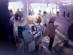  2boys arm_at_side backpack bag bakugou_katsuki black_pants blazer blonde_hair blue_eyes blurry blurry_background bokeh boku_no_hero_academia burn_scar cactusnabe cellphone chromatic_aberration collared_shirt commentary_request crowd depth_of_field double_horizontal_stripe eyebrows_hidden_by_hair faceless from_side grey_eyes grey_jacket hair_between_eyes hand_up heterochromia highres holding holding_bag holding_phone jacket lapels leaning_forward long_sleeves looking_at_phone looking_down multicolored_hair multiple_boys necktie notched_lapels open_mouth outdoors outline pants parted_hair parted_lips people perspective phone pocket pointing profile railroad_tracks red_eyes red_necktie redhead scar scar_on_face school_uniform shirt shopping_bag short_hair shoulder_bag sign smartphone spiky_hair split-color_hair standing straight_hair tactile_paving talking tile_floor tiles todoroki_shouto train_station train_station_platform twitter_username two-tone_hair u.a._school_uniform walking white_hair white_outline white_shirt wide_shot wing_collar 