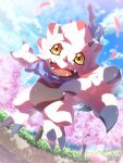 blue_sky cherry_blossoms clouds digimon digimon_(creature) gammamon guoh_ga_gotoku highres jumping looking_at_viewer no_humans open_mouth outdoors petals sky tree 