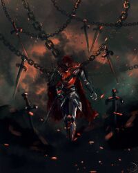  1boy armor artskiddy69 auro_of_the_nine cape chain clenched_hand embers floating floating_object floating_sword floating_weapon full_body highres looking_at_viewer male_focus partially_shaded_face red_cape red_hair scabbard serious shadow_slave sheath short_hair solo sword too_many_weapons torn_cape torn_clothes walking walking_towards_viewer weapon 
