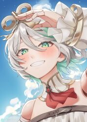  1girl absurdres blush cecilia_immergreen cecilia_immergreen_(1st_costume) clouds colored_inner_hair detached_collar detached_sleeves doll_joints green_eyes green_hair grey_hair grin hashtag-only_commentary highres hololive hololive_english isarobn joints multicolored_hair smile twitter_username virtual_youtuber 