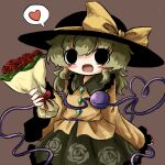  1girl black_eyes black_headwear blouse blush bouquet bow brown_background buttons cowboy_shot diamond_button eyeball floral_print flower frilled_shirt_collar frilled_skirt frilled_sleeves frills green_skirt hand_up hat hat_bow hat_ribbon heart heart_of_string heripantomorrow holding holding_bouquet komeiji_koishi light_green_hair long_sleeves medium_hair open_mouth outstretched_arm red_flower red_rose ribbon rose rose_print shirt sidelocks simple_background skirt solo spoken_heart standing third_eye touhou wavy_hair wide_sleeves yellow_bow yellow_ribbon yellow_shirt 
