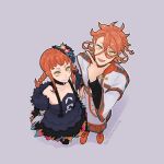  1boy 1girl braid brother_and_sister dress fire_emblem fire_emblem_engage hahm0106 hair_ornament hand_on_own_face jewelry looking_at_viewer makeup medium_hair open_mouth orange_hair pandreo_(fire_emblem) panette_(fire_emblem) priest siblings simple_background smile twin_braids yellow_eyes 