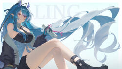  1girl arknights artist_name bare_shoulders black_necktie blue_hair breasts character_name dragon_girl dragon_horns english_commentary foot_out_of_frame gradient_skin highres holding horns ling_(arknights) long_hair looking_at_viewer necktie open_clothes parted_lips pointy_ears purple_horns sitting sy509 tail violet_eyes 