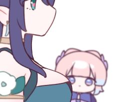  2girls blunt_bangs bow-shaped_hair breasts genshin_impact highres large_breasts lauma_(genshin_impact) long_hair looking_at_breasts mikurumikurumi multicolored_hair multiple_girls pink_hair purple_hair sangonomiya_kokomi simple_background standing staring violet_eyes white_background 