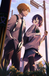  1boy 1girl absurdres black_bow black_necktie black_pants black_skirt black_thighhighs blonde_hair blurry blurry_foreground blush bow bowtie chainsaw_man commentary_request denji_(chainsaw_man) depth_of_field eye_contact green_bow green_bowtie green_eyes grey_sweater_vest hair_between_eyes hand_in_pocket highres holding_carton kwnri long_hair_between_eyes looking_at_another necktie outdoors pants pleated_skirt purple_hair reze_(chainsaw_man) school_uniform shirt skirt smile sweatdrop sweater_vest thigh-highs utility_pole walking white_shirt 