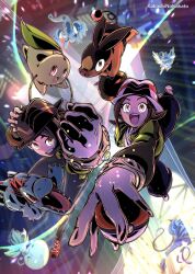  1boy 1girl black_hair chikorita dragonite harmony_(pokemon) hawlucha highres jacket kakashino_kakato long_sleeves malamar mega_dragonite mega_hawlucha mega_malamar mega_pokemon mega_victreebel open_clothes open_mouth paxton_(pokemon) pokemon pokemon_(creature) pokemon_legends:_z-a shirt short_hair smile tentacles tepig totodile victreebel 