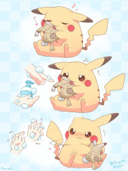  1other :3 artist_name blue_background blush brown_eyes character_doll checkered_background closed_eyes closed_mouth commentary_request disembodied_hand doll highres holding holding_doll mugita_konomi open_mouth pikachu pokemon pokemon_(creature) smile soap stuffed_toy 