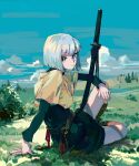  1girl absurdres arm_on_knee arm_support bchan1582 belt black_shirt black_skirt black_socks blue_eyes blue_sky blunt_ends bob_cut bush closed_mouth clouds day from_side grass highres katana knee_up kneehighs layered_sleeves light_smile long_sleeves looking_at_viewer looking_to_the_side original outdoors sheath sheathed shirt short_over_long_sleeves short_sleeves sitting skirt sky socks solo sword weapon white_hair yellow_shirt 