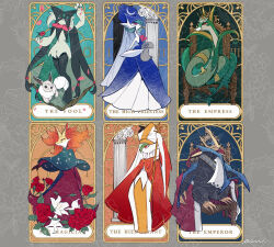  animal_ear_fluff animal_ears animal_hands animal_nose beak bird blue_eyes bob_cut body_fur bowl_cut brown_eyes capelet closed_mouth clothed_pokemon colored_skin crown delphox dress eevee empoleon fox_ears full_body furry furry_female gallade gardevoir green_fur green_hair green_skin hair_over_one_eye half-closed_eyes highres looking_at_viewer meowscarada multicolored_fur multicolored_skin no_humans one_eye_covered penguin pokemon pokemon_(creature) red_eyes red_fur rendoll serperior short_hair snake snout solo standing tail tarot the_emperor_(tarot) the_empress_(tarot) the_fool_(tarot) the_hierophant_(tarot) the_high_priestess_(tarot) the_magician_(tarot) throne two-tone_fur two-tone_skin white_fur white_skin yellow_fur 