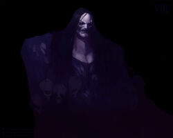  1boy absurdres artist_name artstation_logo artstation_username black_background black_eyes black_hair black_sclera chain colored_sclera commentary english_commentary highres instagram_logo instagram_username konrad_curze long_hair looking_at_viewer night_lords open_mouth pale_skin patreon_logo patreon_username potoq primarch roman_numeral simple_background skull skull_ornament solo teeth warhammer_40k 