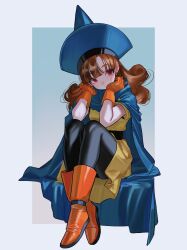  1girl alena_(dq4) belt black_belt black_pantyhose blue_background blue_cloak blue_hat blunt_bangs boots border breasts brown_hair cloak crossed_ankles curly_hair dragon_quest dragon_quest_iv dress earrings full_body gloves hair_between_eyes hat highres jewelry long_hair medium_breasts okita_(sukult_4) orange_boots orange_gloves pantyhose red_eyes short_sleeves sitting solo white_border yellow_dress 