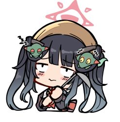  +++ 1girl apron black_hair black_jacket blue_archive blush_stickers chibi closed_eyes closed_mouth cropped_torso crossover dreepy fuuka_(blue_archive) halo headscarf holding horns jacket kawamochi_(kawauti919) ladle long_sleeves pokemon pokemon_(creature) puffy_long_sleeves puffy_sleeves simple_background sleeping twintails wavy_mouth white_apron white_background zzz 