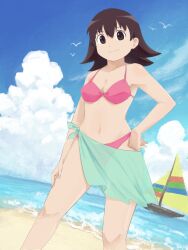  1girl absurdres azumanga_daioh bikini bird boat breasts brown_eyes brown_hair clouds cloudy_sky green_sarong hand_on_own_hip hand_on_own_thigh highres labuyoi looking_at_viewer medium_hair navel pink_bikini sarong sky smile spiky_hair swimsuit takino_tomo thighs watercraft 
