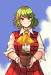  1girl absurdres akiosketch clouds cloudy_sky dress gloves green_hair highres holding kazami_yuuka looking_at_viewer neckerchief plaid plaid_dress plant potted_plant red_dress red_eyes shirt sketch sky sleeves_rolled_up smile solo touhou white_gloves white_shirt yellow_neckerchief 