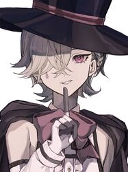  1boy androgynous black_cape black_headwear blonde_hair braid cape finger_to_mouth genshin_impact hair_over_one_eye hanta_man1 hat highres long_sleeves lyney_(genshin_impact) male_focus one_eye_covered shirt shushing smile solo suspenders teeth top_hat violet_eyes white_shirt 