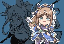  1girl :d arm_guards blue_background blue_bow blue_eyes blue_kimono blush bow brown_hair chibi closed_mouth commentary_request grass_wonder_(honor_of_the_blue_flame)_(umamusume) grass_wonder_(umamusume) hair_bow holding holding_polearm holding_weapon japanese_clothes kawamochi_(kawauti919) kimono looking_at_viewer multicolored_hair multiple_views naginata obi outline polearm ponytail sash simple_background smile standing translation_request two-tone_hair umamusume v-shaped_eyebrows weapon white_hair white_outline 