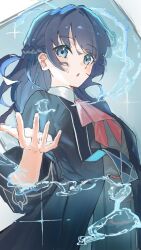  1girl black_coat blue_background braid chestnut_mouth coat collared_shirt commentary cowboy_shot dress grey_dress half_up_braid half_updo hasunosora_fantasy highres hydrokinesis link!_like!_love_live! long_sleeves love_live! murano_sayaka official_alternate_costume open_clothes open_coat pinafore_dress shirt sleeveless sleeveless_dress solo virtual_youtuber water white_shirt zen66574227 