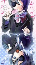 2boys black_eyepatch black_gloves black_sleeves black_suit blue_eyes blue_hair canihavepromo ciel_phantomhive closed_eyes dark_blue_hair dual_persona eyepatch food food_request gloves highres japanese kuroshitsuji lollipop long_sleeves male multicolored_background pale_skin partially_submerged polka_dot polka_dot_background reflection reflective_water ribbon short_hair sketch solo suit translation_request water