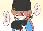  1girl animal black_bow black_headwear bow brown_hair cat chibi closed_eyes commentary fur_hat gradient_background hair_ornament hairclip hat holding holding_animal holding_cat kantai_collection light_blush long_hair long_sleeves motion_lines papakha scarf smile star_(symbol) tashkent_(kancolle) translated upper_body very_long_hair white_scarf yuasa_makoto 