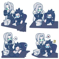  ! !! 105zz 2boys :3 armor black_coat black_gloves black_hair blue_eyes chair chest_strap closed_eyes coat crisis_core_final_fantasy_vii cross_scar crossed_arms cup desk drinking final_fantasy final_fantasy_vii frown furrowed_brow gloves green_eyes grey_hair hand_to_own_mouth holding holding_cup holding_pen long_hair male_focus multiple_boys multiple_views paper_stack parted_bangs pauldrons pen pointing scar scar_on_cheek scar_on_face sephiroth short_hair shoulder_armor sleeveless sleeveless_turtleneck slit_pupils spoken_flower spoken_squiggle spoken_x squiggle suspenders sweatdrop turtleneck upper_body white_background writing zack_fair 