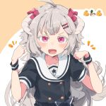  1girl :d ahoge blush buttons commentary_request double-breasted emoji grey_hair hair_ornament hairclip hanasaki_ayame horns kuusou_code_plus long_hair looking_at_viewer orange_background red_eyes sailor_collar smile solo totomono two-tone_background upper_body virtual_youtuber white_background wristband 