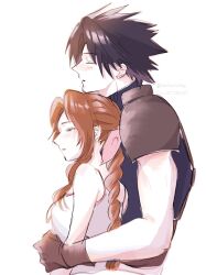  1boy 1girl aerith_gainsborough armor black_gloves blue_sweater blush breasts brown_hair closed_eyes commentary_request couple crisis_core_final_fantasy_vii dress final_fantasy final_fantasy_vii from_side gloves hair_ribbon hatidoricrisp highres hug hug_from_behind long_hair parted_lips pink_ribbon profile ribbon short_hair shoulder_armor simple_background sleeveless sleeveless_dress sleeveless_turtleneck small_breasts spiky_hair sweater turtleneck turtleneck_sweater upper_body white_background white_dress zack_fair 