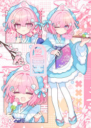  1girl :3 :d absurdres apron blue_kimono blue_sandals blue_sash blush bright_pupils closed_eyes closed_mouth commentary dango food frilled_apron frilled_kimono frills full_body hair_between_eyes hand_up hands_up heart highres holding holding_food holding_tray index_finger_raised japanese_clothes kimono long_sleeves looking_at_viewer maid_headdress multiple_views open_mouth pantyhose pink_eyes pink_hair qr_code saigyouji_yuyuko sandals sanshoku_dango sash shirocha_tei short_hair smile sparkle standing symbol-only_commentary touhou tray triangular_headpiece twitter_username wagashi watermark white_apron white_pantyhose white_pupils wide_sleeves 