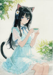  1girl absurdres animal_ears ayane_(ayaneiroaya) black_hair blue_dress blue_eyes cat_ears cat_girl cat_tail commentary_request cup dress flower frilled_dress frills hair_flower hair_ornament highres holding holding_cup light_frown long_hair looking_at_viewer original painting_(medium) puffy_short_sleeves puffy_sleeves see-through_clothes see-through_shirt shirt short_sleeves sitting tail teacup traditional_media watercolor_(medium) white_flower white_shirt 