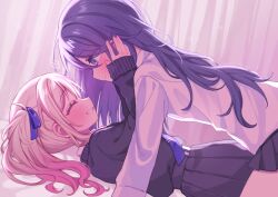  2girls black_hair blonde_hair blue_eyes blush collared_skirt commentary face-to-face gradient_hair hair_ribbon hands_on_another&#039;s_face heart highres hoshino_ichika_(project_sekai) long_hair looking_at_another lying mu_ri003 multicolored_hair multiple_girls necktie on_back pink_hair pleated_skirt project_sekai purple_necktie purple_ribbon ribbon shirt skirt smile tenma_saki twintails white_shirt yuri 