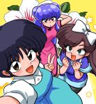  3girls blush bow breasts brown_hair double_bun flower hair_bun kuonji_ukyou multiple_girls open_mouth purple_hair ranma_1/2 school_uniform shampoo_(ranma_1/2) star_(symbol) tendou_akane v wanta_(futoshi) white_bow white_flower yellow_background 