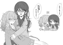  &gt;_&lt; 2girls blush collared_shirt commentary crying dashed_eyes dot_nose greyscale hiding hiding_behind_another highres hood hoodie hoshino_ichika_(project_sekai) long_hair monochrome mu_ri003 multiple_girls nose_blush on_person panicking project_sekai shirt speech_bubble tears tenma_saki translation_request twintails 