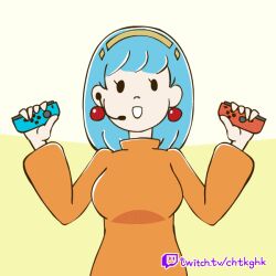  1girl amelia_n animated animated_gif blue_hair breasts controller dual_wielding earrings eyelashes female headband holding holding_controller joy-con long_sleeves minus8 nintendo nintendo_switch open_mouth orange_shirt orange_sleeves pale_skin red_earrings short_hair smile solo turtleneck turtleneck_shirt twitch.tv twitch_logo twitch_username watermark yellow_headband yellow_headwear 